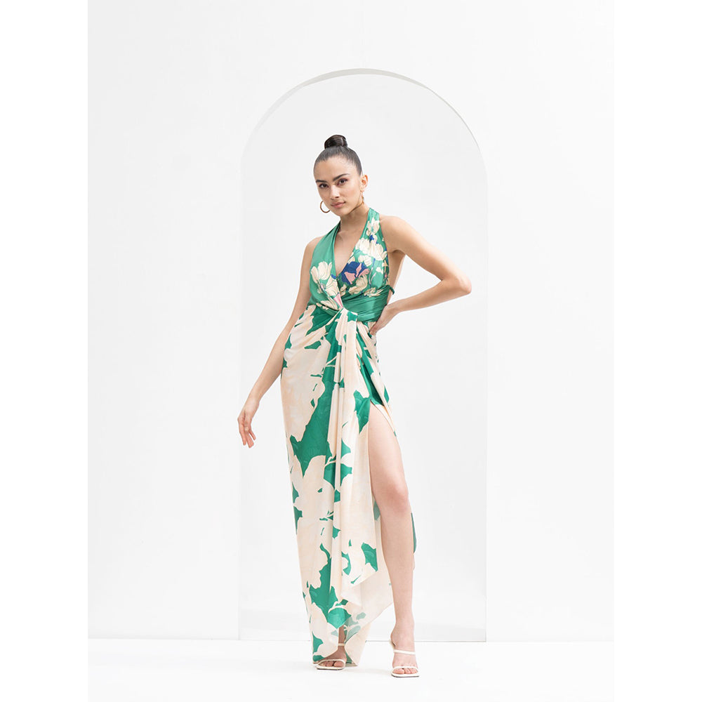 MANDIRA WIRK Ystic Green Placement Draped Halter Neck Dress Made with Lustrous Satin
