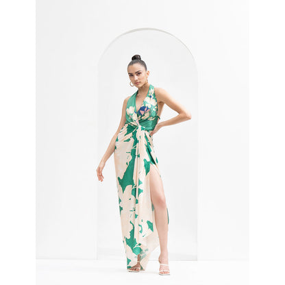 MANDIRA WIRK Ystic Green Placement Draped Halter Neck Dress Made with Lustrous Satin