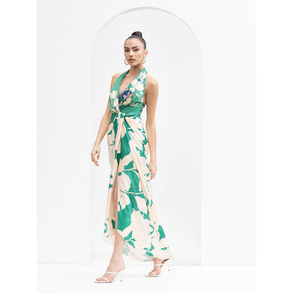 MANDIRA WIRK Ystic Green Placement Draped Halter Neck Dress Made with Lustrous Satin
