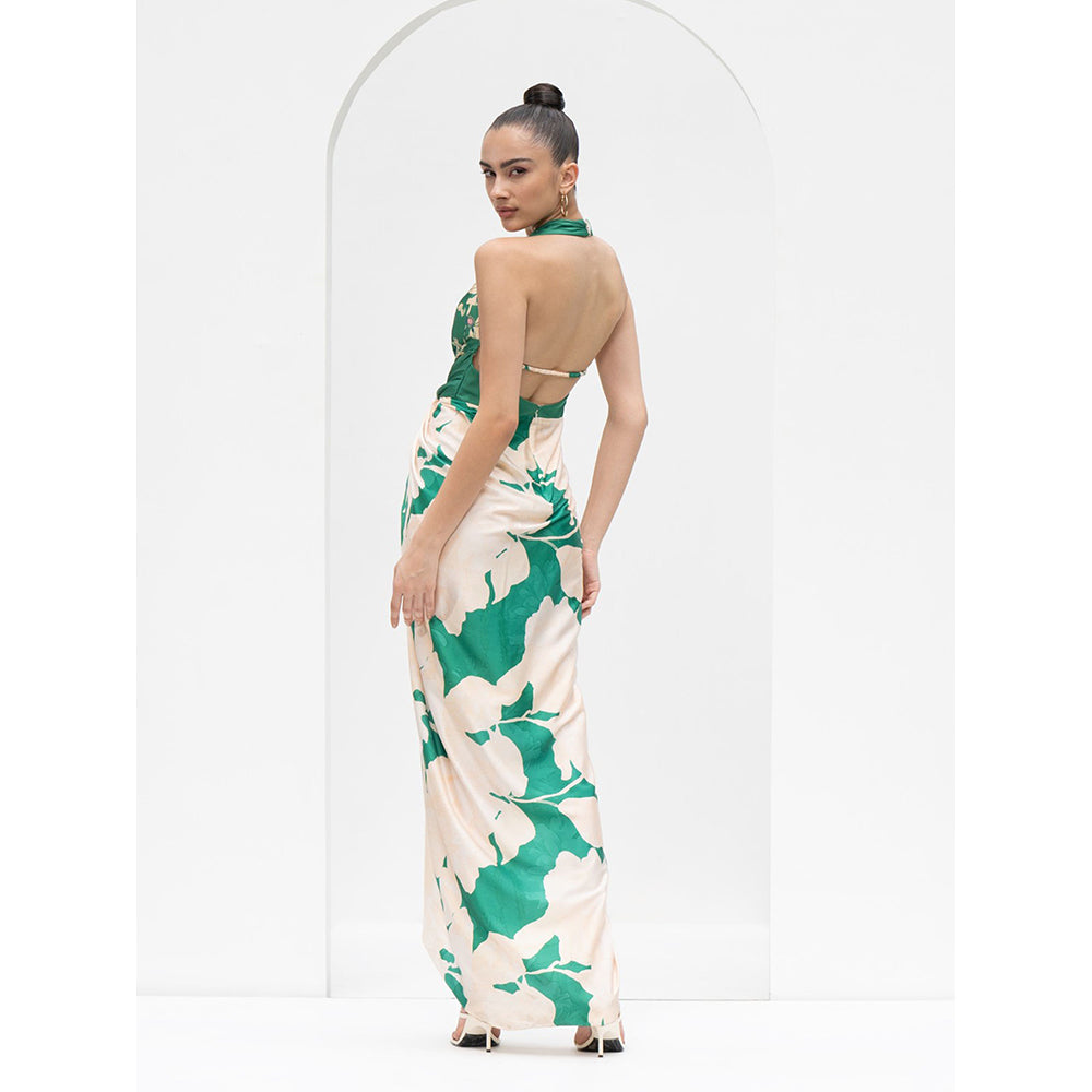 MANDIRA WIRK Ystic Green Placement Draped Halter Neck Dress Made with Lustrous Satin