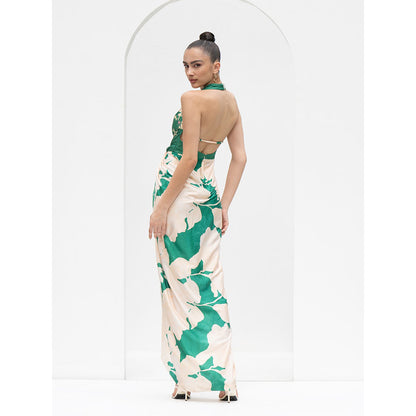 MANDIRA WIRK Ystic Green Placement Draped Halter Neck Dress Made with Lustrous Satin