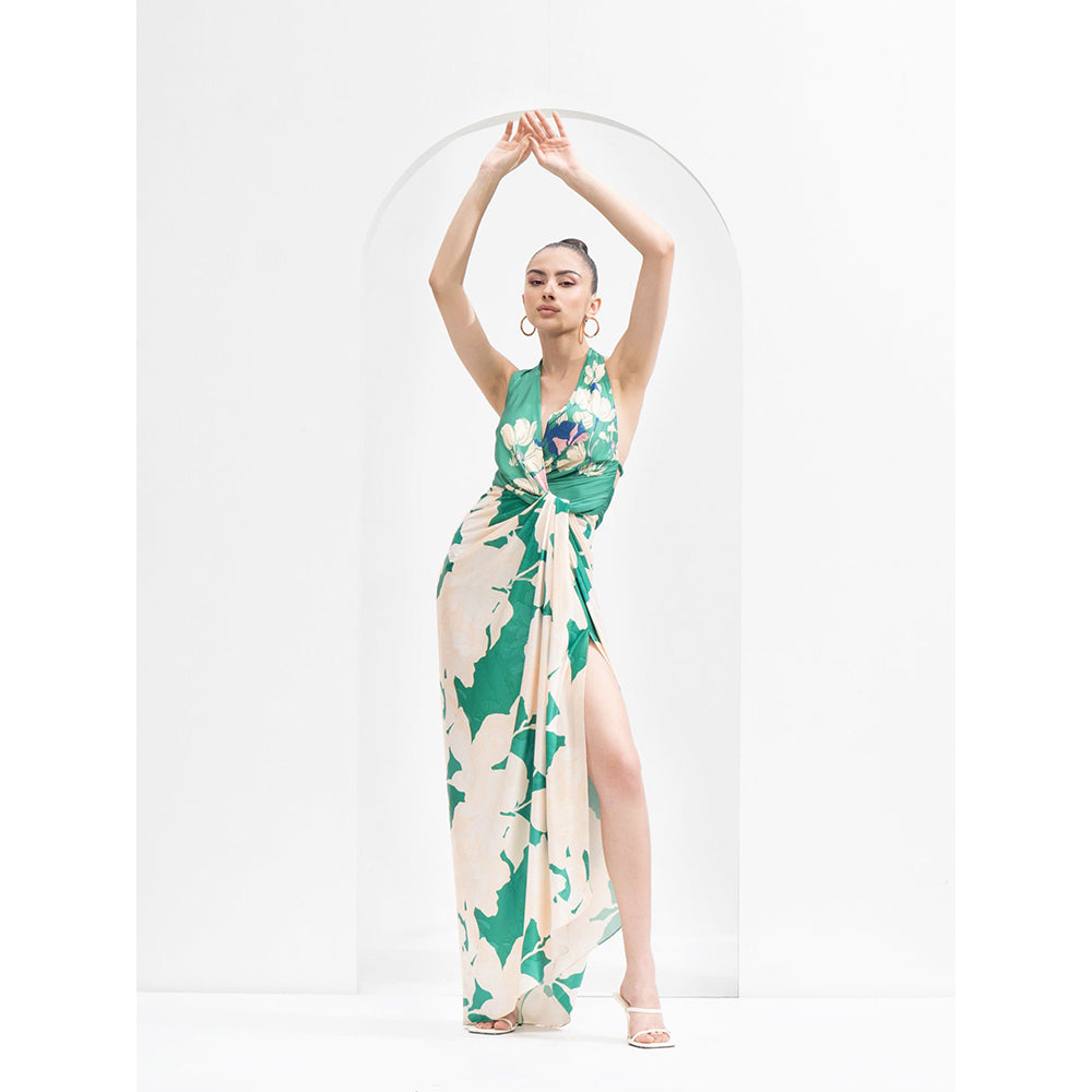 MANDIRA WIRK Ystic Green Placement Draped Halter Neck Dress Made with Lustrous Satin
