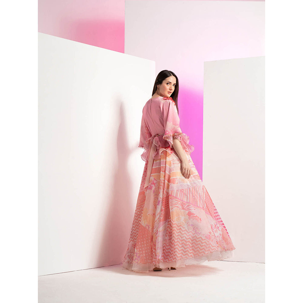 MANDIRA WIRK Patchy Floral Peplum Pink Long Gown with Embroidered Belt