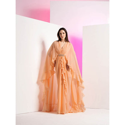 MANDIRA WIRK Salmon Peach Solid Pleated Frilled Cape Maxi Dress