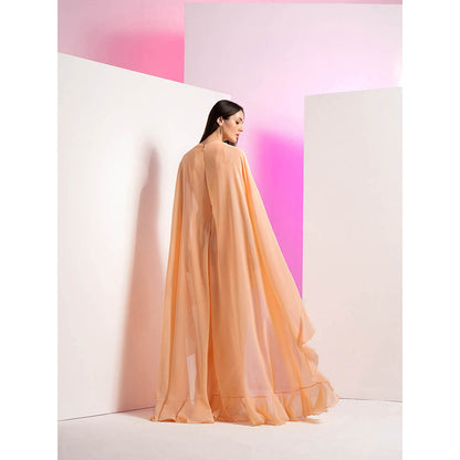 MANDIRA WIRK Salmon Peach Solid Pleated Frilled Cape Maxi Dress