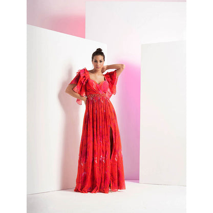MANDIRA WIRK Poppy Red Heat Pleated Long Maxi Dress with Separate Embroidered Belt (Set of 2)