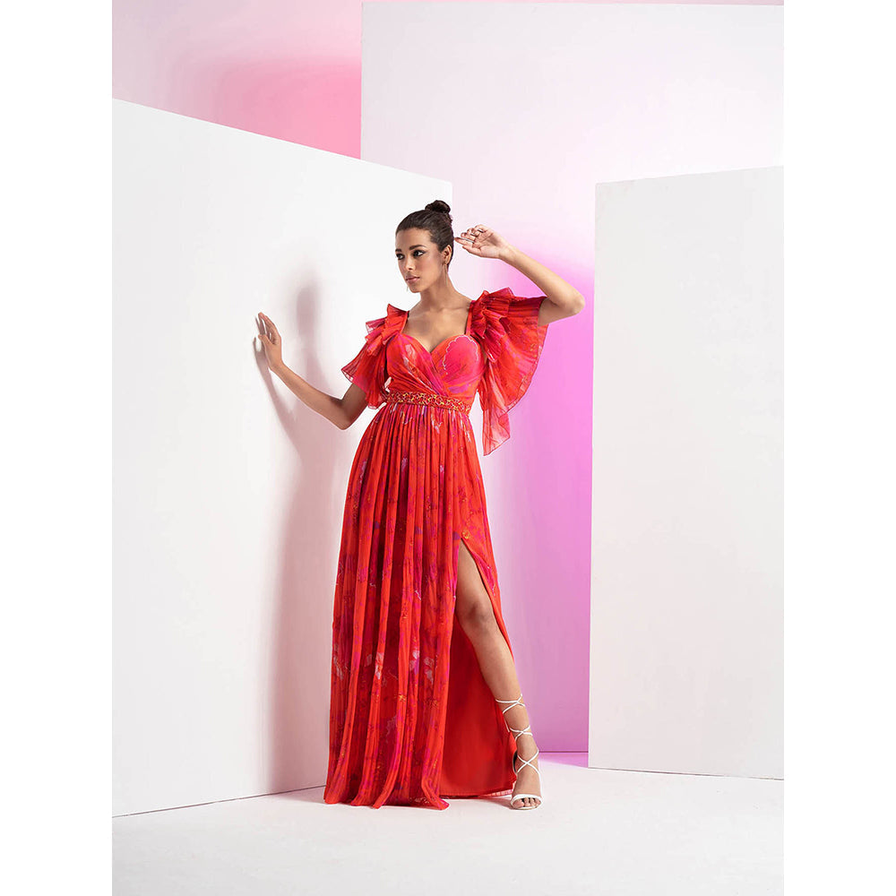 MANDIRA WIRK Poppy Red Heat Pleated Long Maxi Dress with Separate Embroidered Belt (Set of 2)