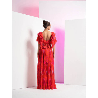 MANDIRA WIRK Poppy Red Heat Pleated Long Maxi Dress with Separate Embroidered Belt (Set of 2)