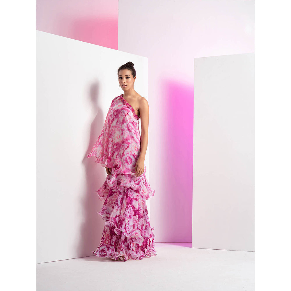 MANDIRA WIRK Faded Pink Tie & Dye Off-Shoulder Four Layered Maxi Dress