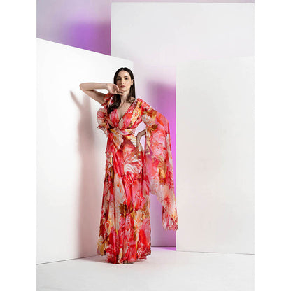 MANDIRA WIRK Ultra Peony Corsage Floral Print Yoke Red Long Gown & Flared Sleeves