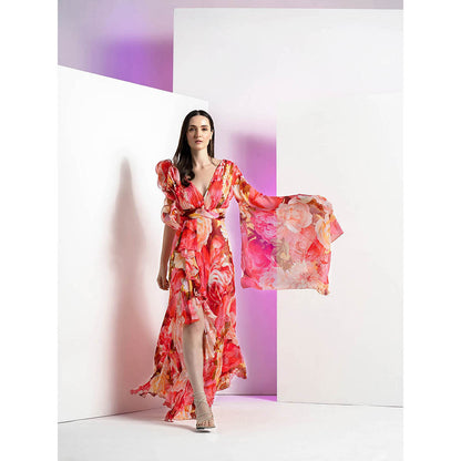 MANDIRA WIRK Ultra Peony Corsage Floral Print Yoke Red Long Gown & Flared Sleeves