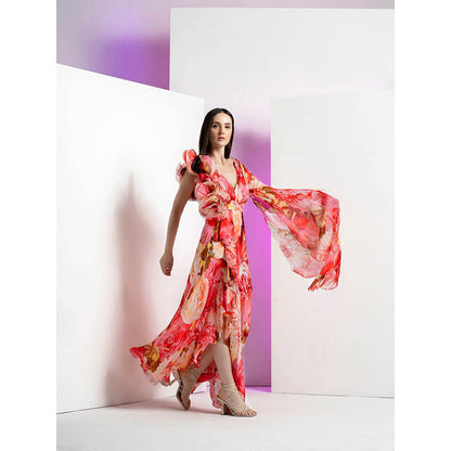 MANDIRA WIRK Ultra Peony Corsage Floral Print Yoke Red Long Gown & Flared Sleeves