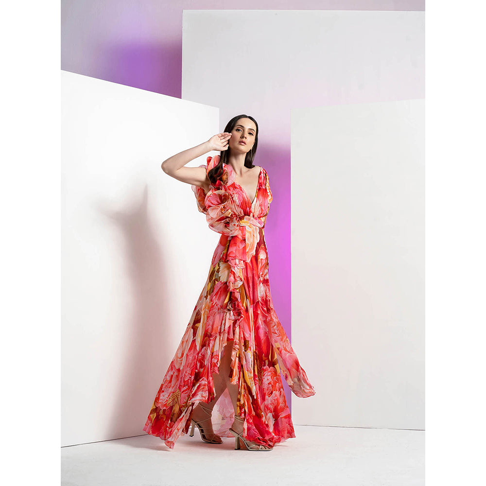 MANDIRA WIRK Ultra Peony Corsage Floral Print Yoke Red Long Gown & Flared Sleeves