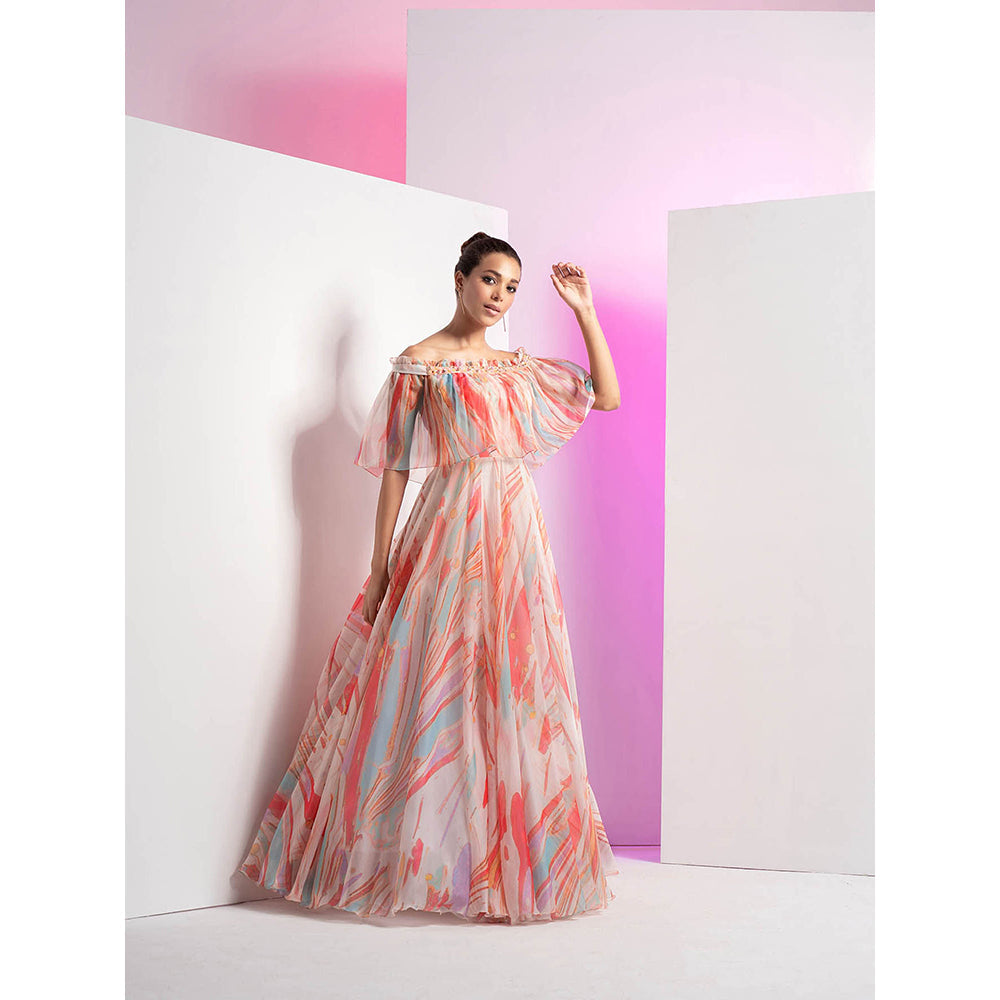 MANDIRA WIRK Floaty Marble Embroidered Off Shoulder Pink Half Sleeve Gown