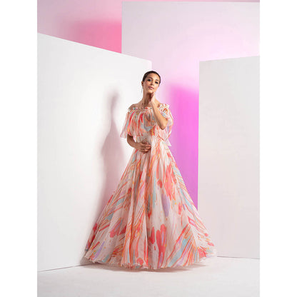 MANDIRA WIRK Floaty Marble Embroidered Off Shoulder Pink Half Sleeve Gown