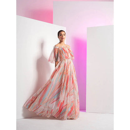 MANDIRA WIRK Floaty Marble Embroidered Off Shoulder Pink Half Sleeve Gown