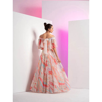 MANDIRA WIRK Floaty Marble Embroidered Off Shoulder Pink Half Sleeve Gown