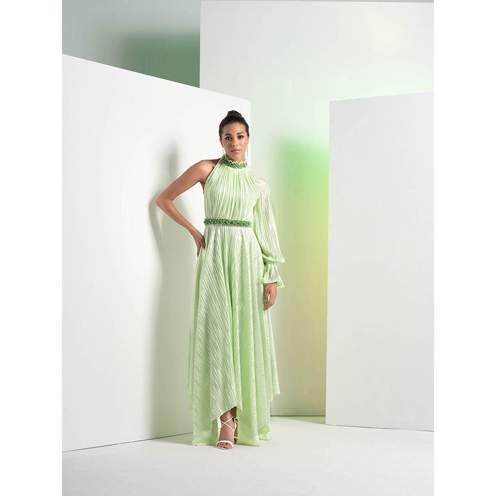 MANDIRA WIRK Mint Green Embroidered Heat Pleat Asymmetrical Dress with Belt (Set of 2)