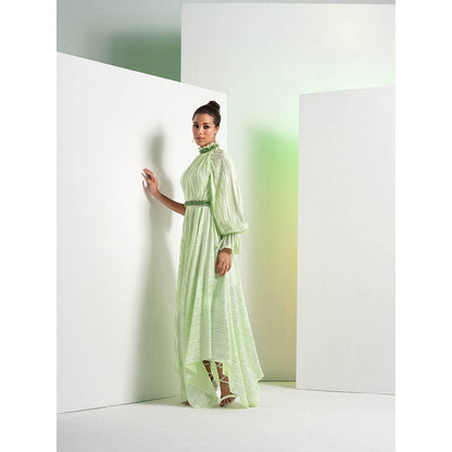 MANDIRA WIRK Mint Green Embroidered Heat Pleat Asymmetrical Dress with Belt (Set of 2)
