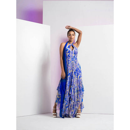 MANDIRA WIRK Pancy Daisy Printed Asymmetrical Frill Dress with Solid Blue Neck Extension
