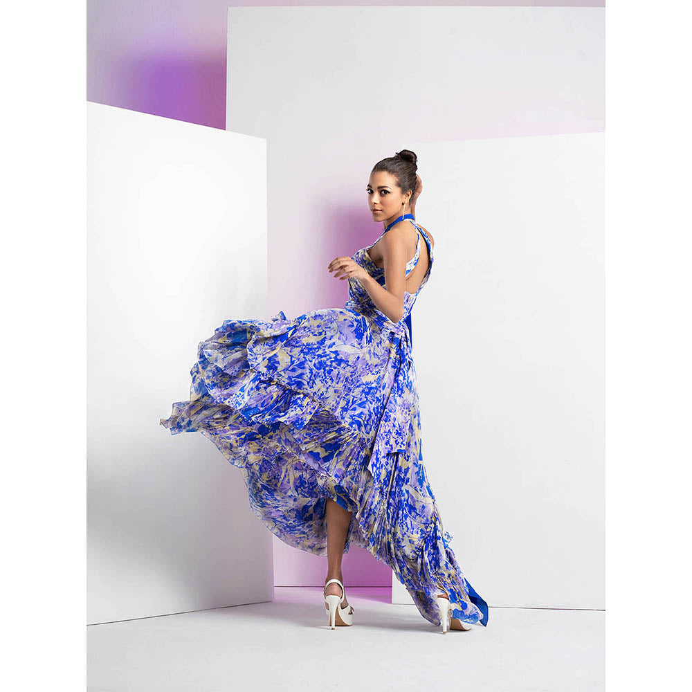 MANDIRA WIRK Pancy Daisy Printed Asymmetrical Frill Dress with Solid Blue Neck Extension