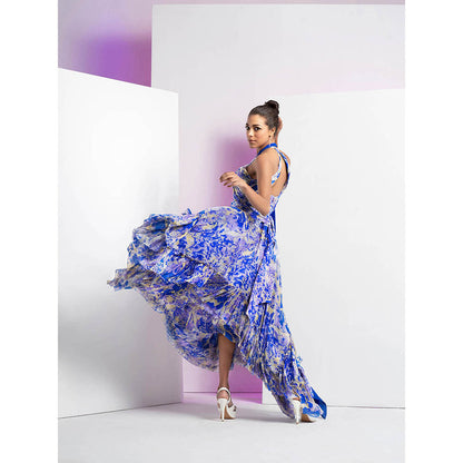 MANDIRA WIRK Pancy Daisy Printed Asymmetrical Frill Dress with Solid Blue Neck Extension