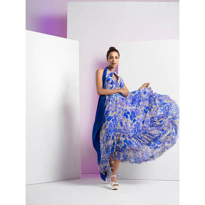 MANDIRA WIRK Pancy Daisy Printed Asymmetrical Frill Dress with Solid Blue Neck Extension