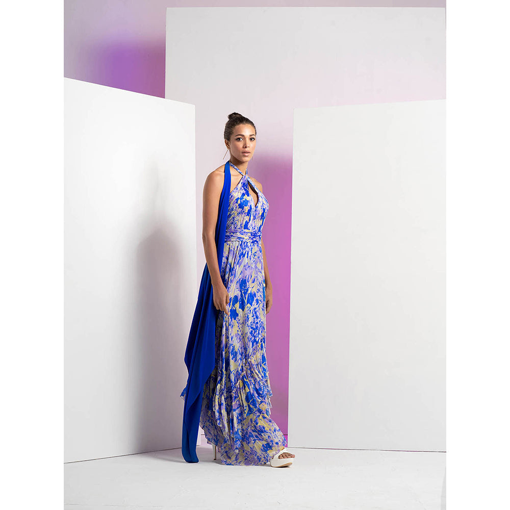 MANDIRA WIRK Pancy Daisy Printed Asymmetrical Frill Dress with Solid Blue Neck Extension