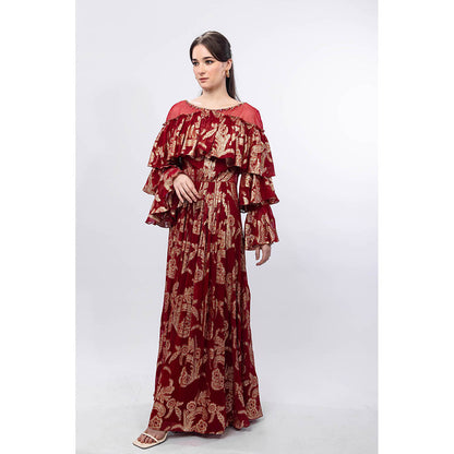 MANDIRA WIRK Radiant Maroon Brasso Ruffled Shoulder Detail Maxi Dress