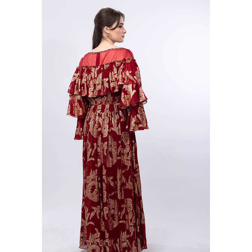 MANDIRA WIRK Radiant Maroon Brasso Ruffled Shoulder Detail Maxi Dress