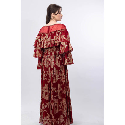 MANDIRA WIRK Radiant Maroon Brasso Ruffled Shoulder Detail Maxi Dress
