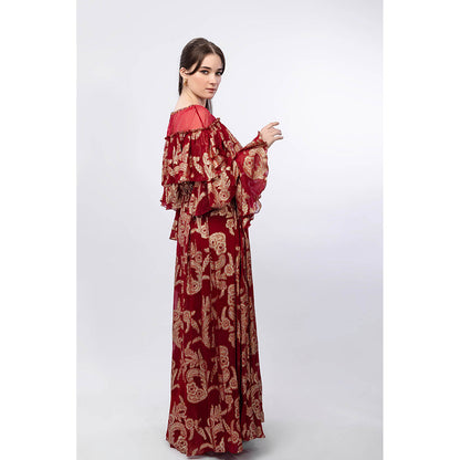 MANDIRA WIRK Radiant Maroon Brasso Ruffled Shoulder Detail Maxi Dress