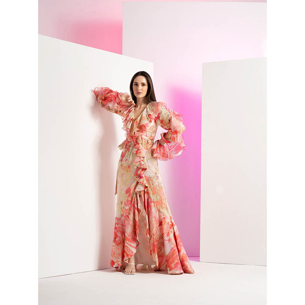 MANDIRA WIRK Casals Couch Brasso Peach Frill Detailed with Asymmetrical Maxi Dress