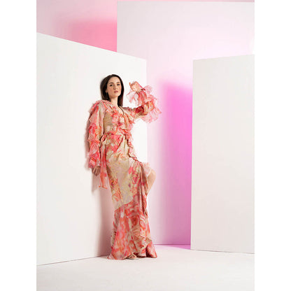 MANDIRA WIRK Casals Couch Brasso Peach Frill Detailed with Asymmetrical Maxi Dress