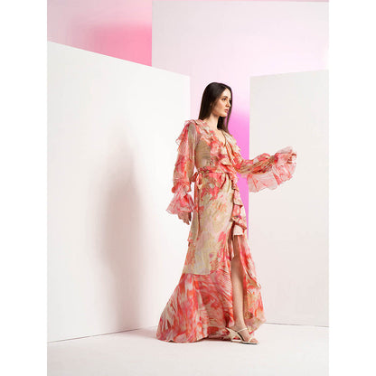 MANDIRA WIRK Casals Couch Brasso Peach Frill Detailed with Asymmetrical Maxi Dress