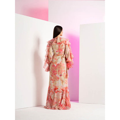 MANDIRA WIRK Casals Couch Brasso Peach Frill Detailed with Asymmetrical Maxi Dress