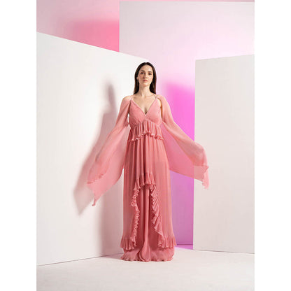 MANDIRA WIRK Pink Pearl Detailed Heat Pleated Maxi Dress with Flared Sleeves
