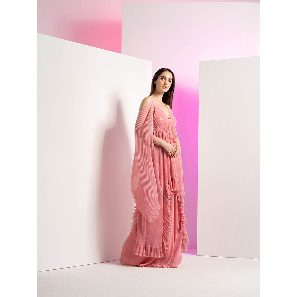 MANDIRA WIRK Pink Pearl Detailed Heat Pleated Maxi Dress with Flared Sleeves