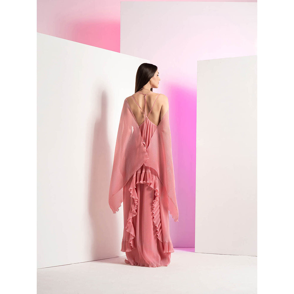 MANDIRA WIRK Pink Pearl Detailed Heat Pleated Maxi Dress with Flared Sleeves