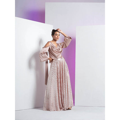 MANDIRA WIRK V-Neck with Cut Out Balloon Sleeve Top with Rose Gold Pleated Skirt (Set of 2)