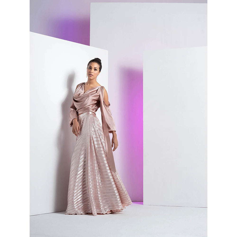 MANDIRA WIRK V-Neck with Cut Out Balloon Sleeve Top with Rose Gold Pleated Skirt (Set of 2)