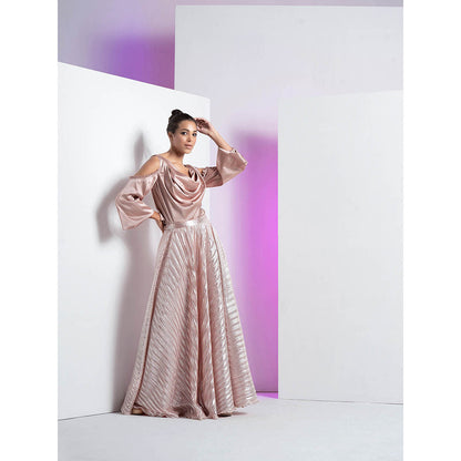 MANDIRA WIRK V-Neck with Cut Out Balloon Sleeve Top with Rose Gold Pleated Skirt (Set of 2)