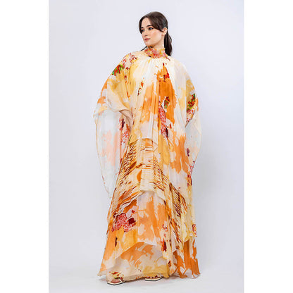 MANDIRA WIRK Apricot Orange Crush Asymmetrical Layered Embroidered Maxi Dress