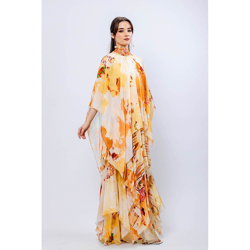 MANDIRA WIRK Apricot Orange Crush Asymmetrical Layered Embroidered Maxi Dress