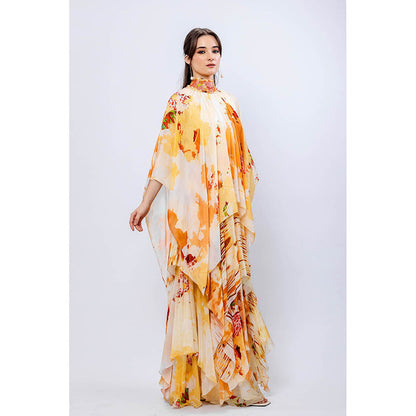 MANDIRA WIRK Apricot Orange Crush Asymmetrical Layered Embroidered Maxi Dress