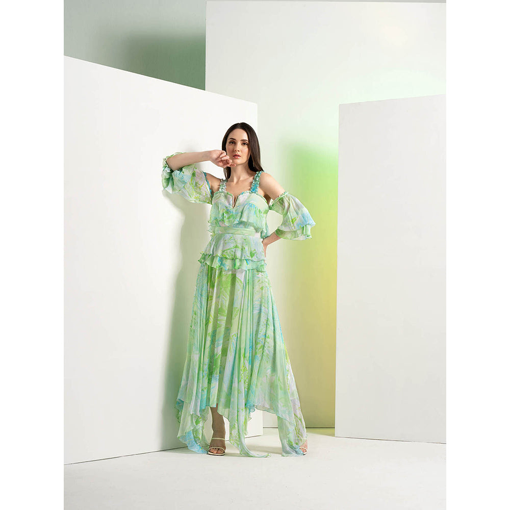 MANDIRA WIRK Green Raw Crystal Drop Shoulder Midi Dress