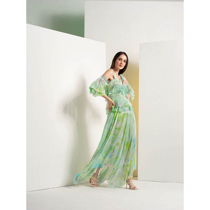 MANDIRA WIRK Green Raw Crystal Drop Shoulder Midi Dress