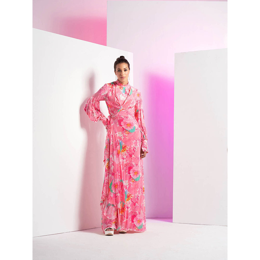 MANDIRA WIRK Lush Pink Printed Front Wrap Cowl Asymmetrical Maxi Dress