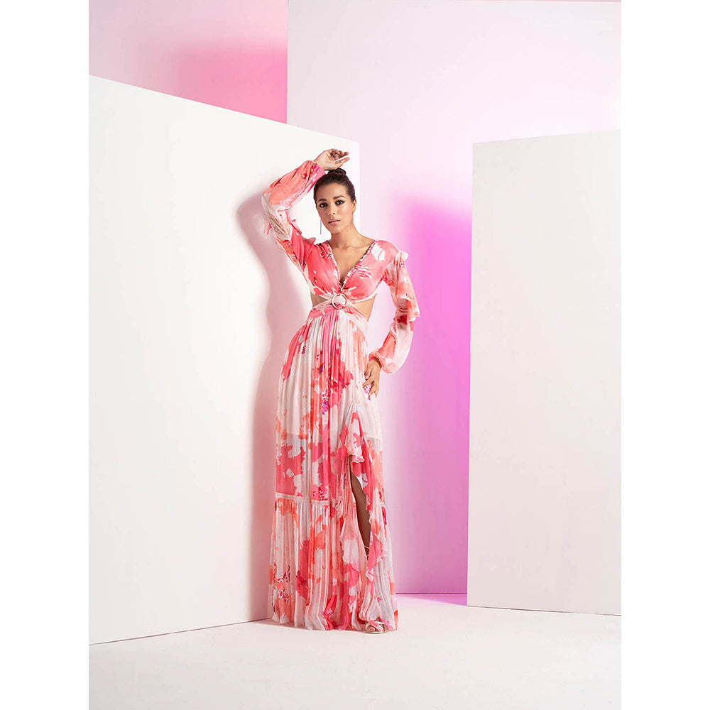 MANDIRA WIRK Blooming Buds Pink Cut Out Tiered Long Maxi Dress