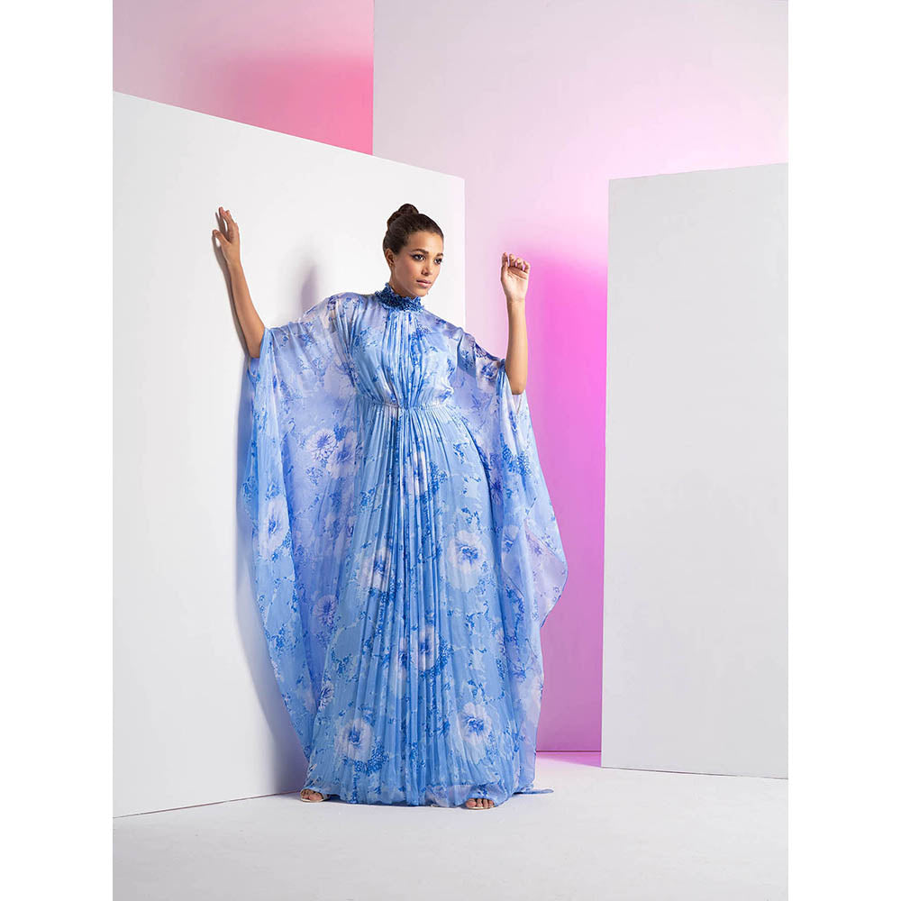 MANDIRA WIRK Pearl Blue Embroidered Asymmetrical Pleated Kaftan Dress